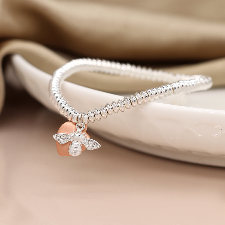 Silver Plated Fine Bead Bracelet With Rose Gold Heart And Bee