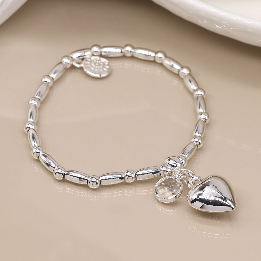 Silver Plated Stretch Bracelet With Crystal And Heart Charm