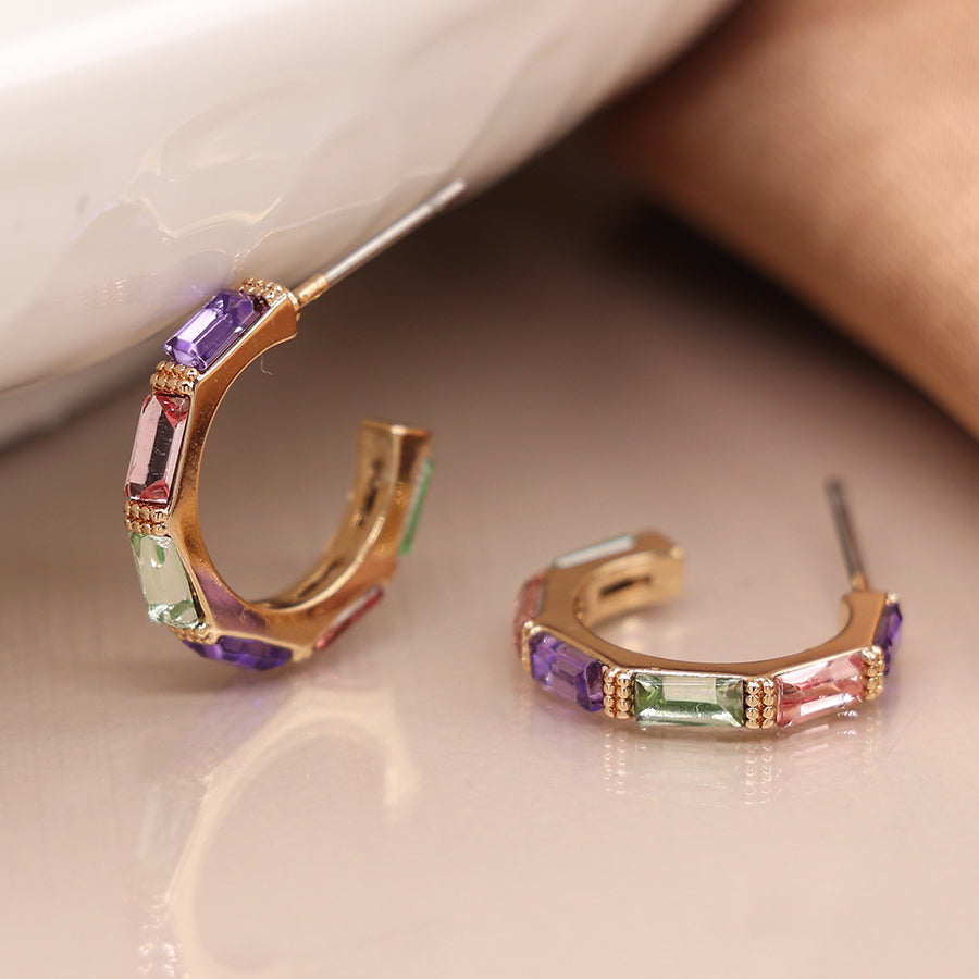 Golden And Lilac Mix Crystal Open Hoop Earrings