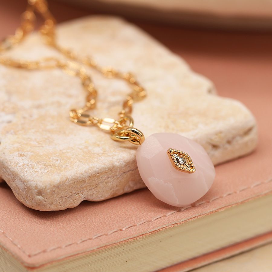 Golden Fine Chain & Pink Stone Necklace