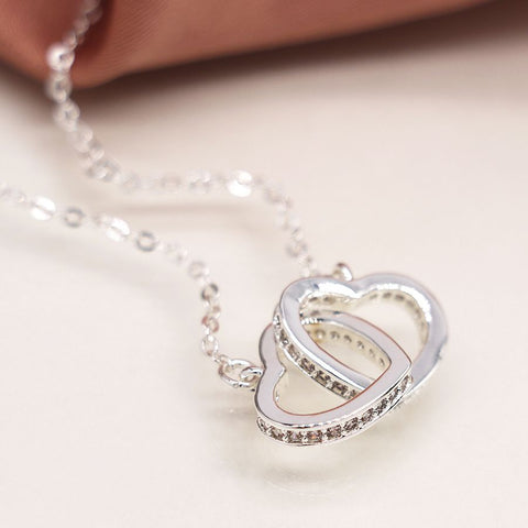 Silver Plated Crystal Edged Linked Heart Necklace