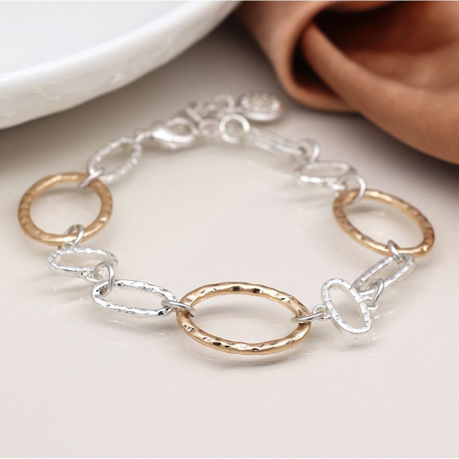 Silver Plated And Faux Gold Hammered Linked Hoops Bracelet
