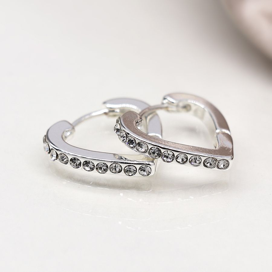 Silver Plated Crystal Edged Heart Shaped Hoop Earrings