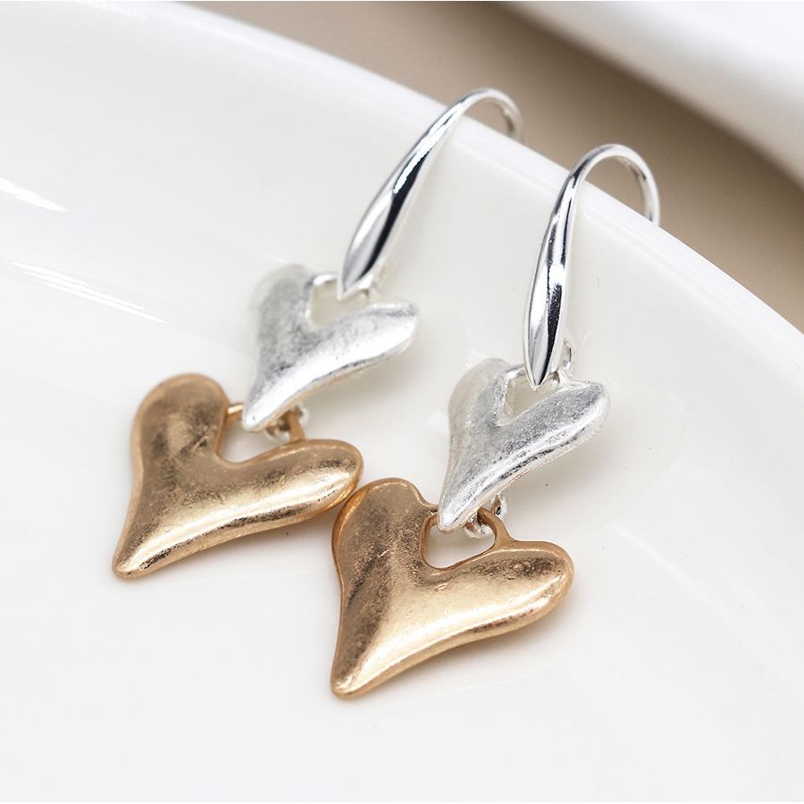 Silver Plated & Faux Gold Worn Finish Double Heart Drop Earrings