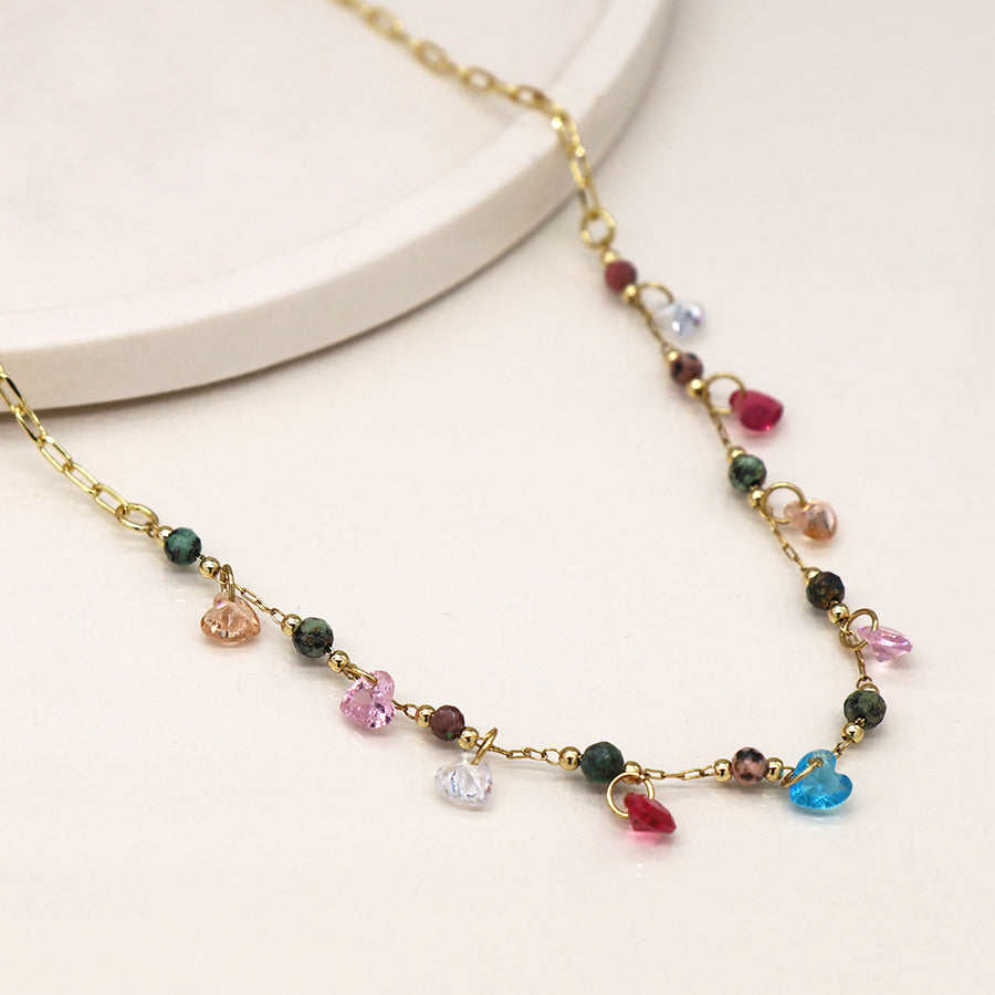 Faux Gold, Mixed Beads And Heart Drops Necklace