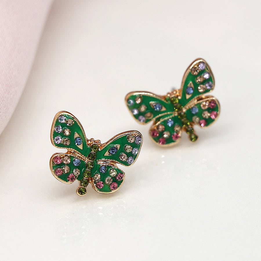 Faux Gold Plated Green Enamel And Crystal Butterfly Earrings