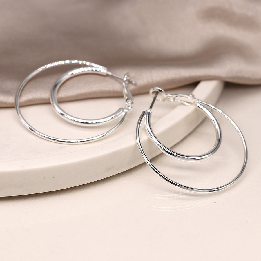Silver Plated Double Circle Hoop Earrings