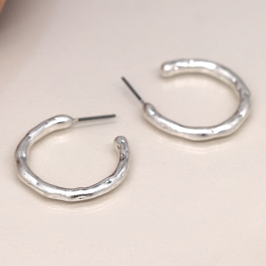 Silver Plated Worn Textured C Hoop Stud Earrings