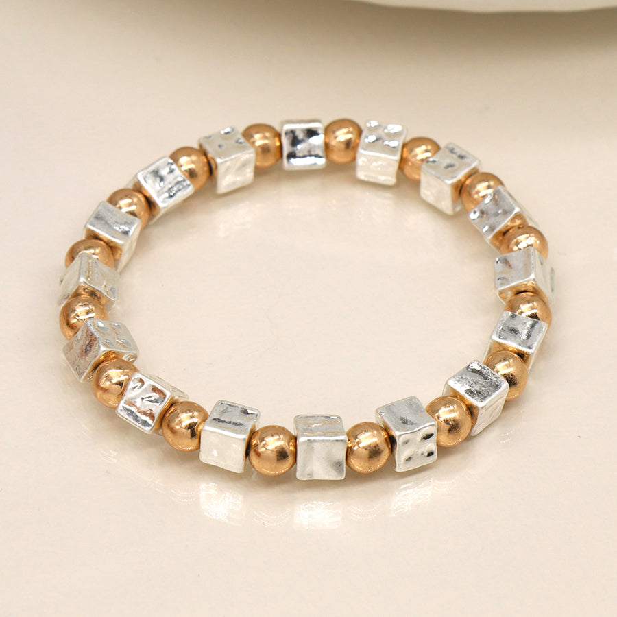 Silver Plated Cube And Gold Bead Bracelet