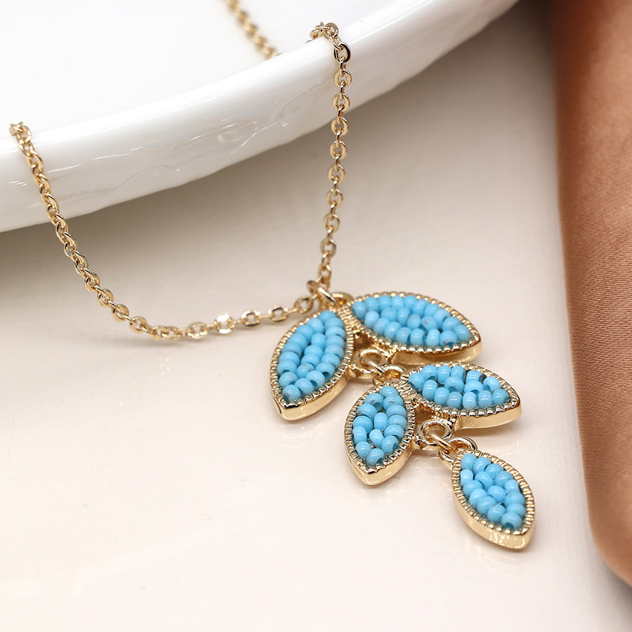 Golden & Blue Bead Leaf Drop Necklace