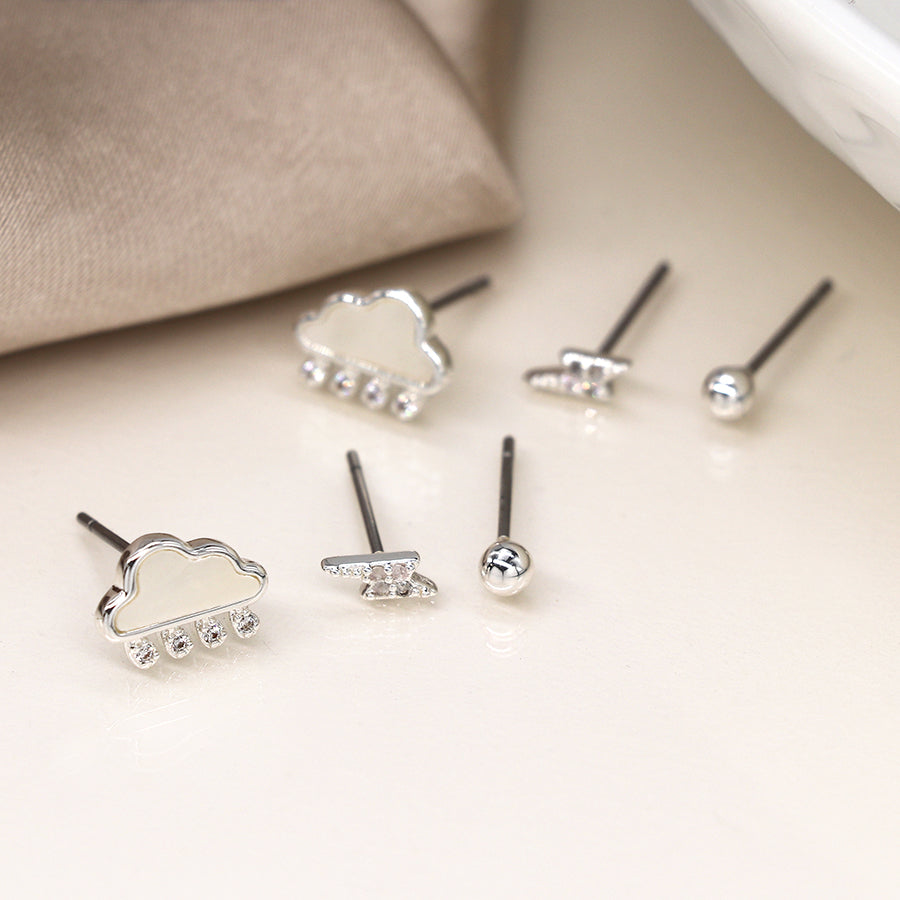 Silver Plated Triple Cloud And Lightening Stud Set