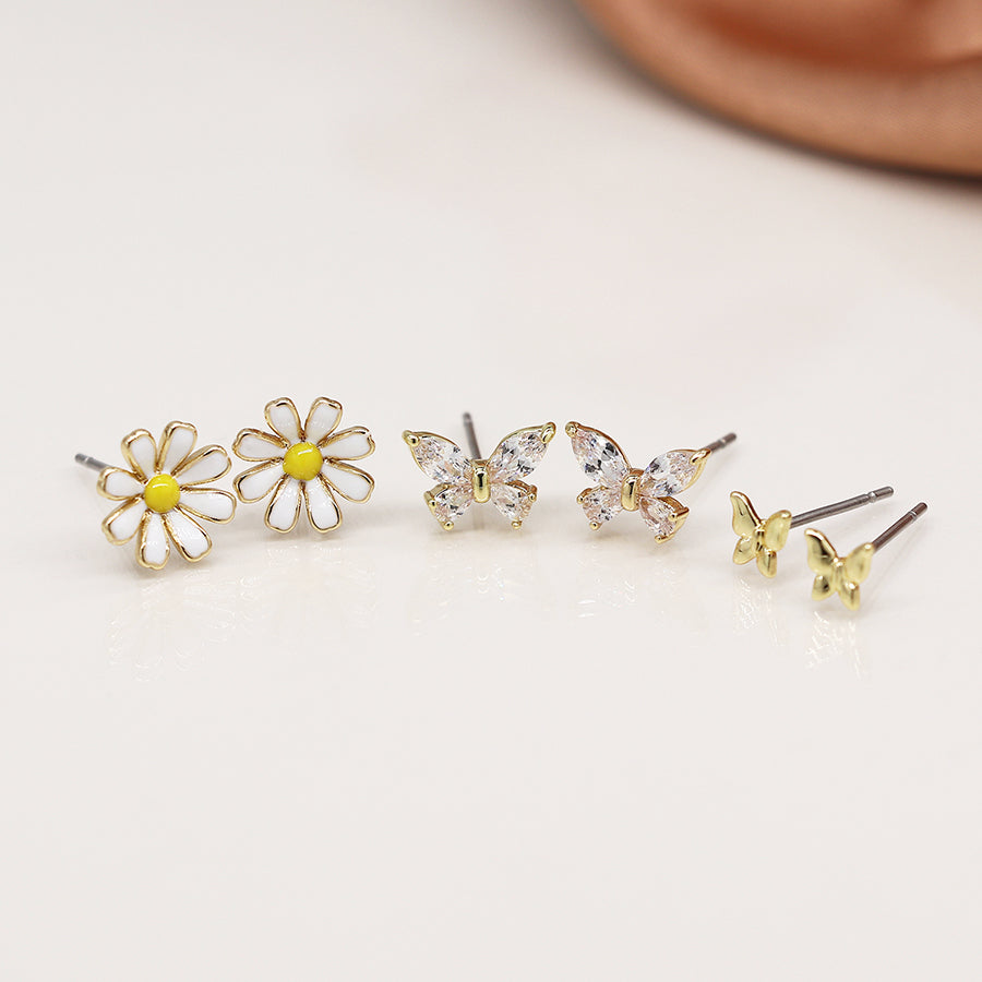 Golden Triple Flower And Butterfly Stud Set