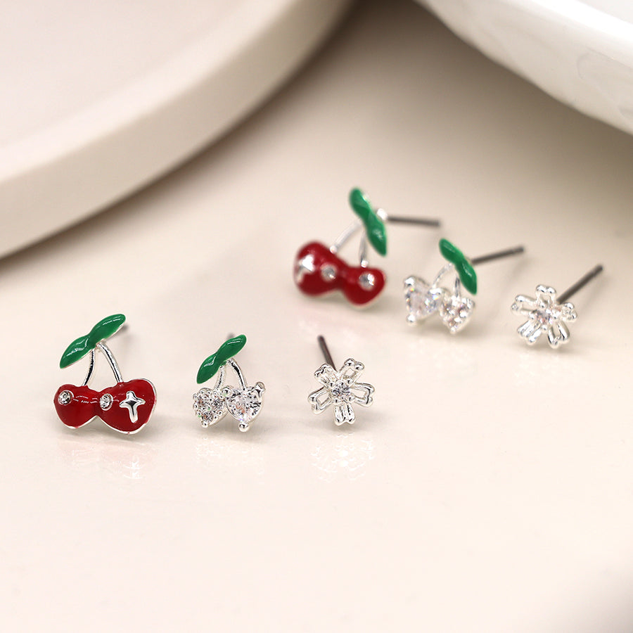 Silver Plated Cherry And Flower Triple Stud Set