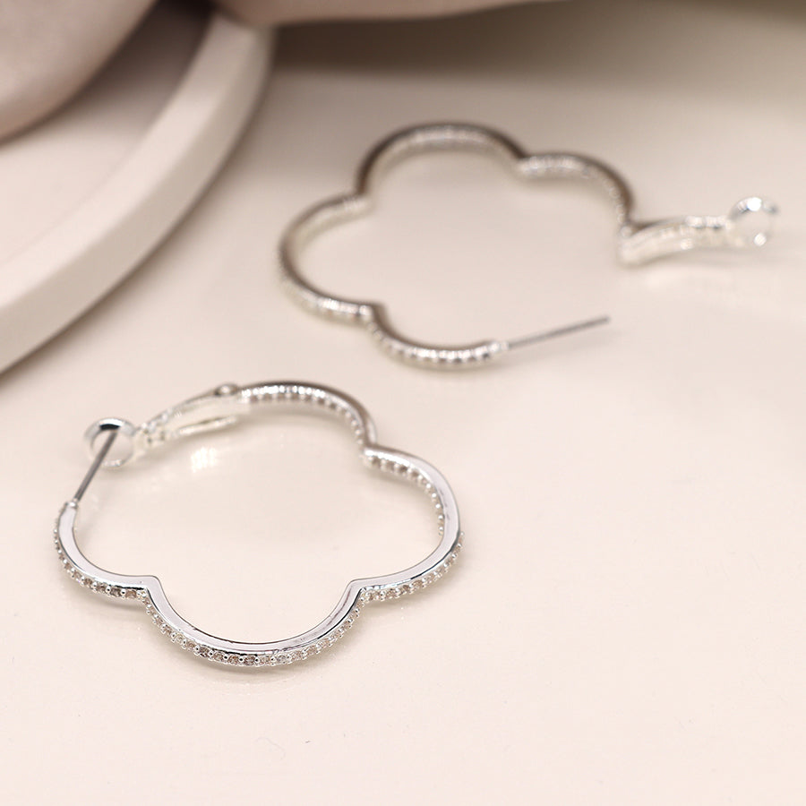 Silver Plated Large Crystal Quatrefoil Hoops