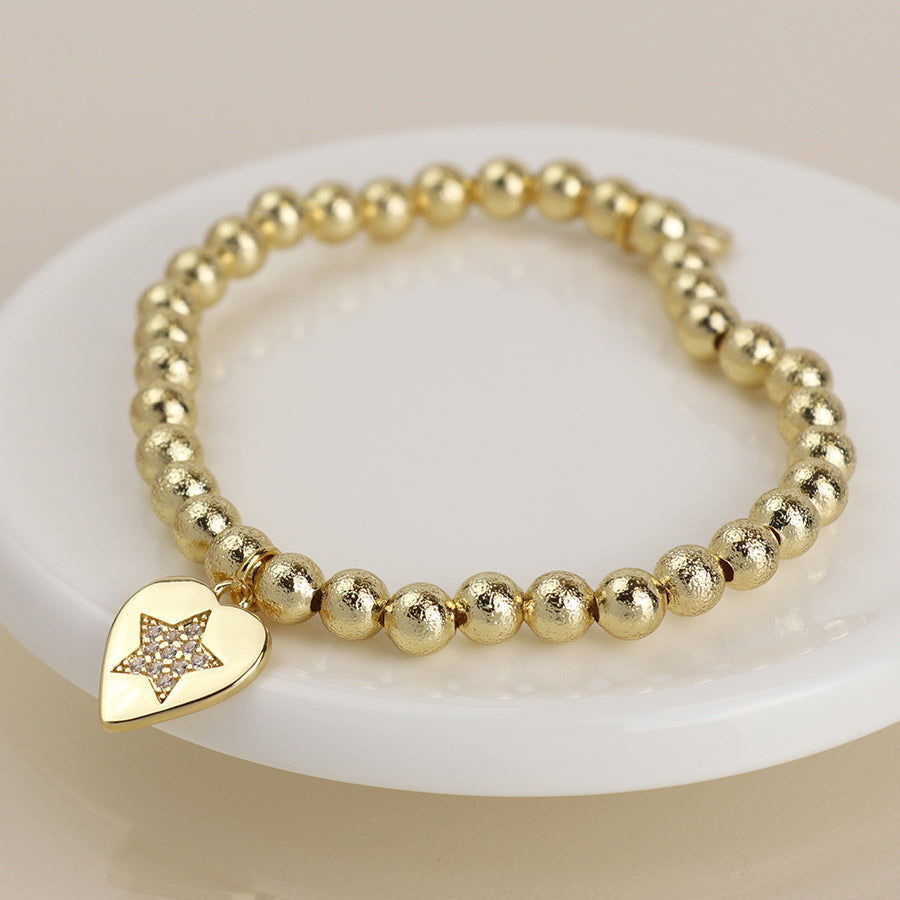 Golden Beaded Bracelet with Heart Charm & Pave Crystal Star