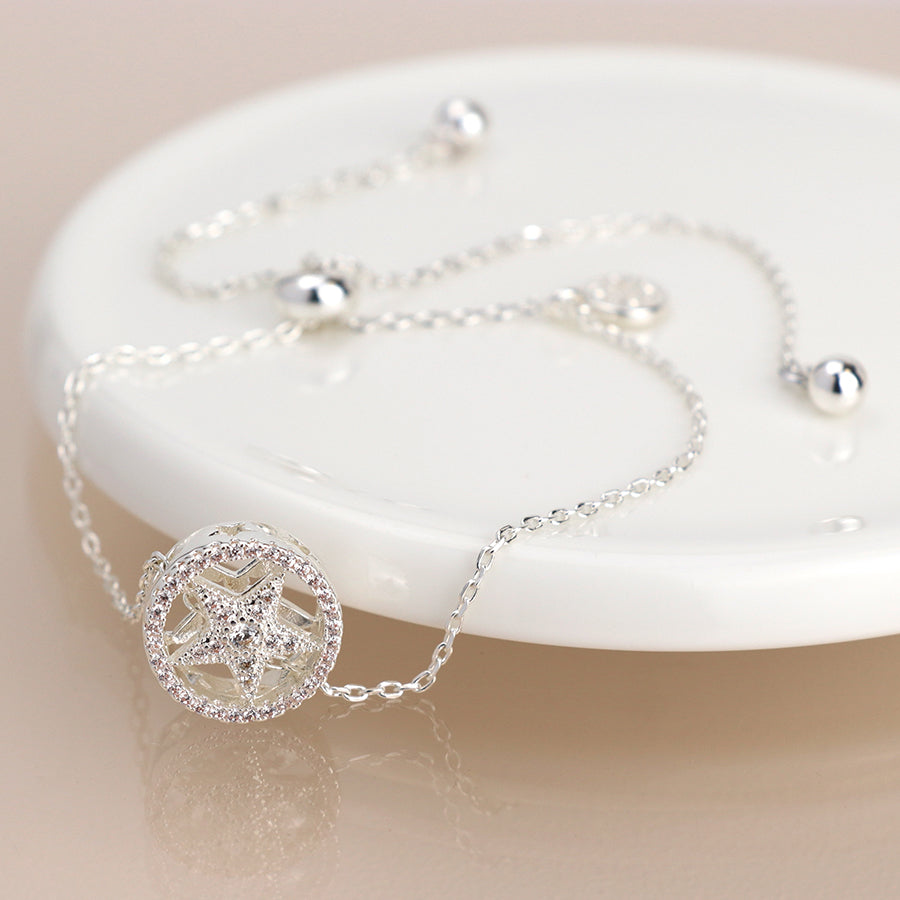 Silver Plated Crystal Star In Circle Adjustable Bracelet
