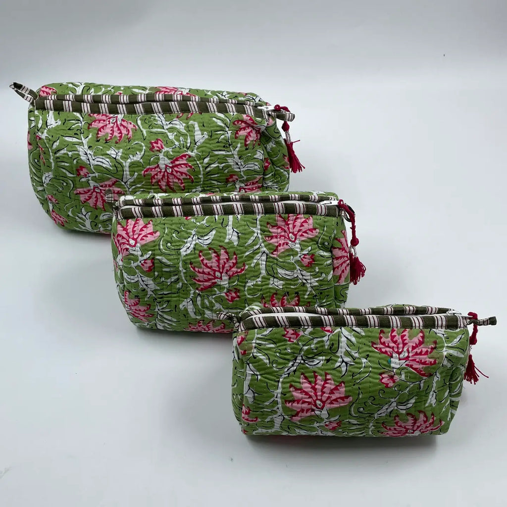 Green/Pink Floral Quilted Wash Bag - Various Sizes