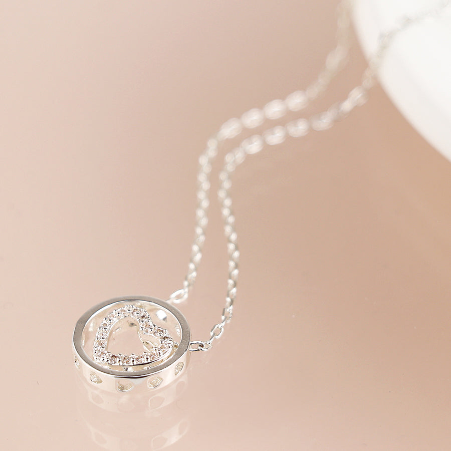 Silver Crystal Heart in Circle Necklace