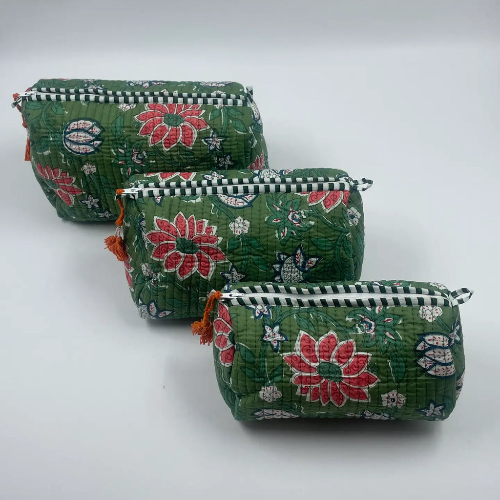 Green and Coral Quilted Wash Bag - Various Sizes