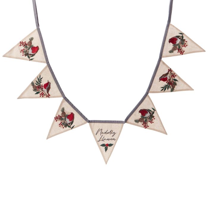 Christmas Embroidered Fabric Bunting With Robins, Berry Foliage And Nadolig Llawen