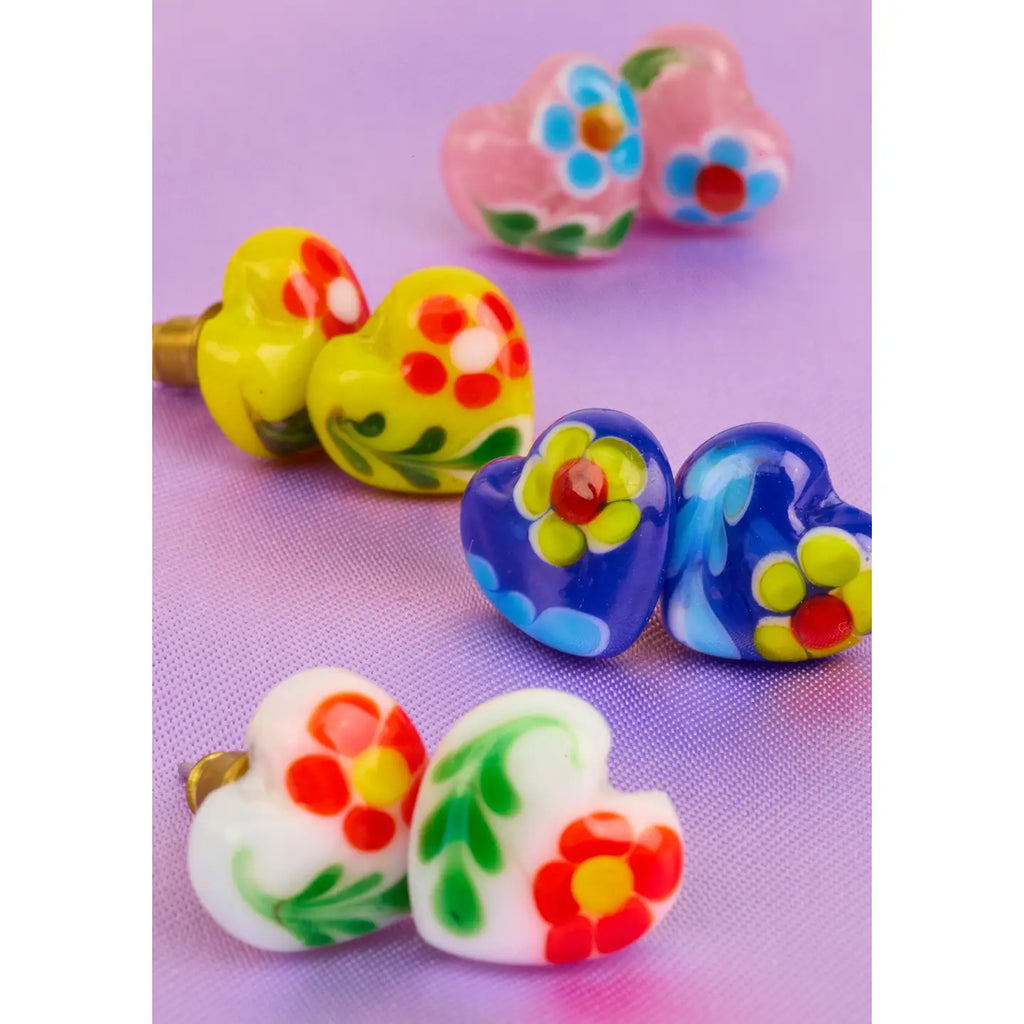 Heart Glass Bead Stud Earrings - Various Colours