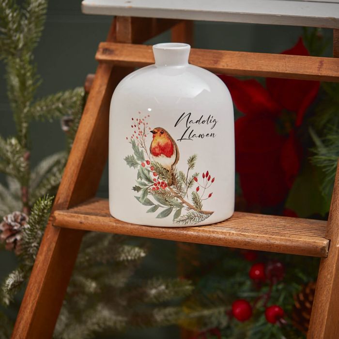 Christmas White Ceramic Vase With Robin, Berry Foliage And Nadolig LLawen Design