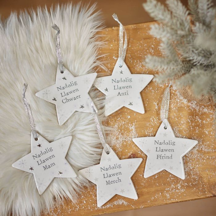 White Ceramic Hanging Stars For The Family With Nadolig Llawen And Silver Stars - Various