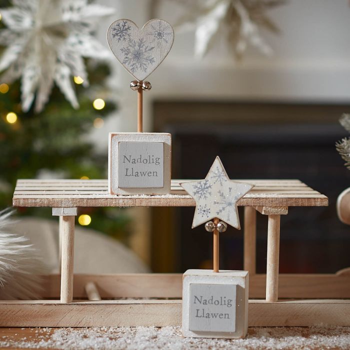 Wooden Block With Nadolig Llawen, Topped With A Heart Or A Star - Various