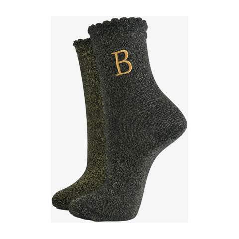 Gold Initial Glitter Socks - Various