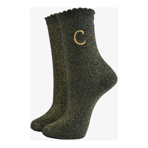 Gold Initial Glitter Socks - Various