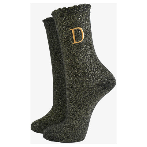 Gold Initial Glitter Socks - Various