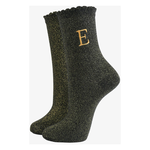 Gold Initial Glitter Socks - Various
