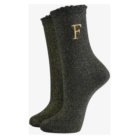 Gold Initial Glitter Socks - Various