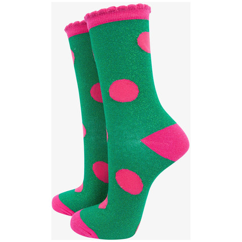 Scalloped Cuff Socks With Large Glitter Spot - Various Colours
