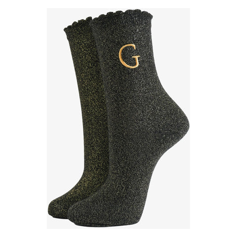 Gold Initial Glitter Socks - Various