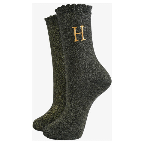 Gold Initial Glitter Socks - Various