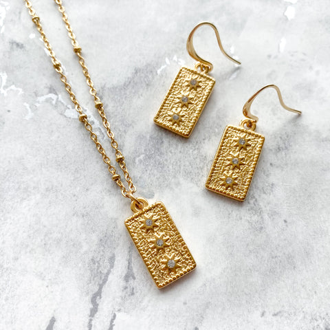 Gold Station Chain Necklace with Rectangular Amulet