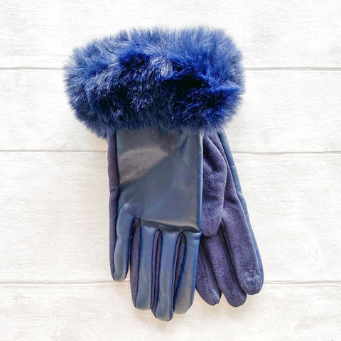 Faux Leather Gloves With Soft Faux Fur Trim - Various Colours