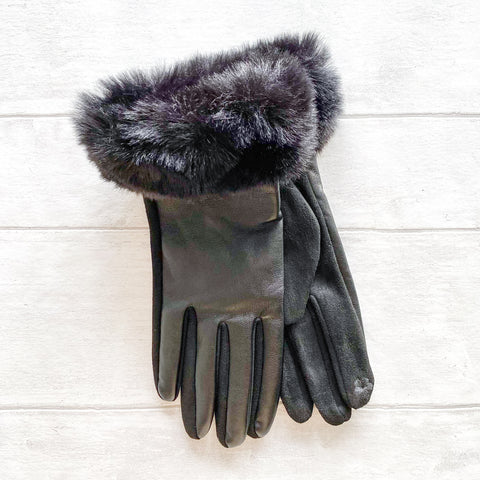 Faux Leather Gloves With Soft Faux Fur Trim - Various Colours