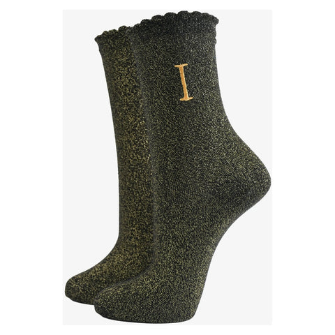 Gold Initial Glitter Socks - Various