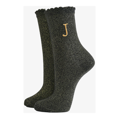 Gold Initial Glitter Socks - Various