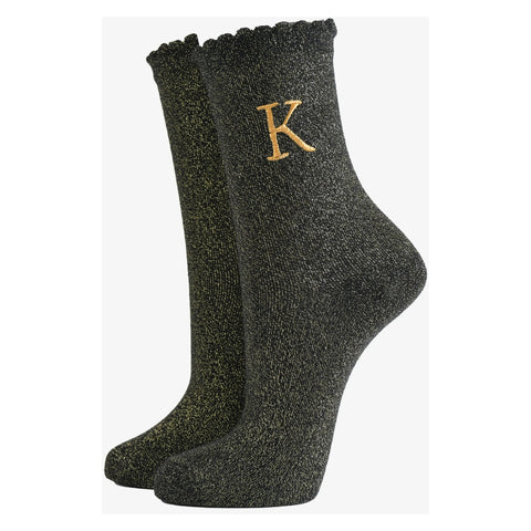 Gold Initial Glitter Socks - Various