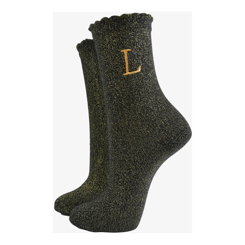 Gold Initial Glitter Socks - Various
