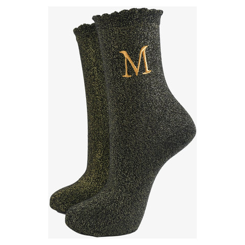 Gold Initial Glitter Socks - Various