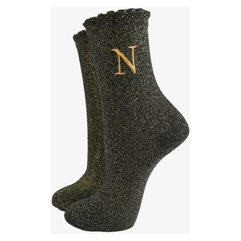 Gold Initial Glitter Socks - Various