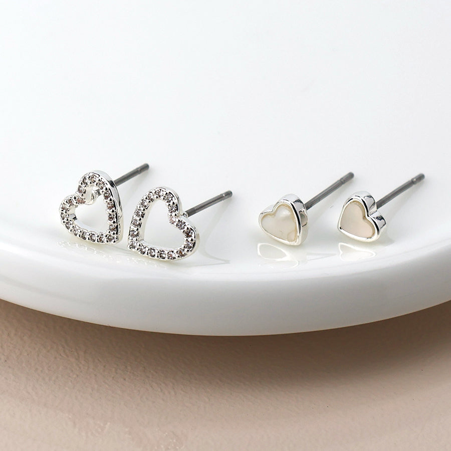 Silver Plated Double Heart Stud Set