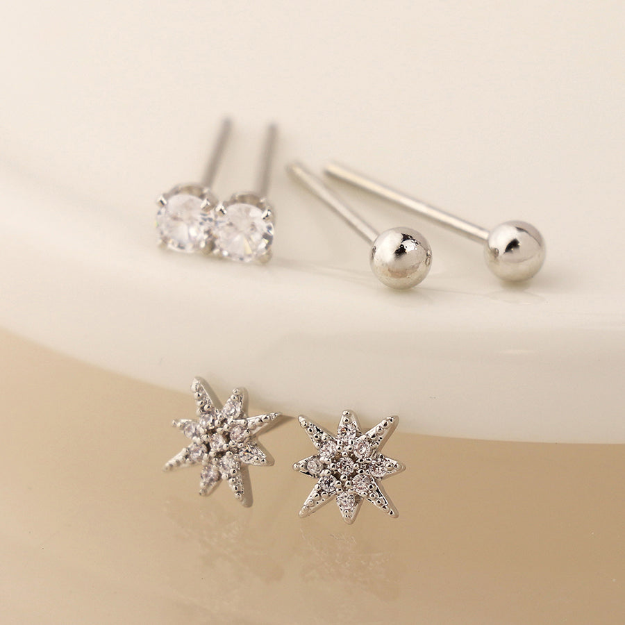 Silver Plated Crystal, Star & Bead Earring Set