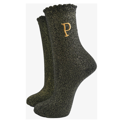 Gold Initial Glitter Socks - Various
