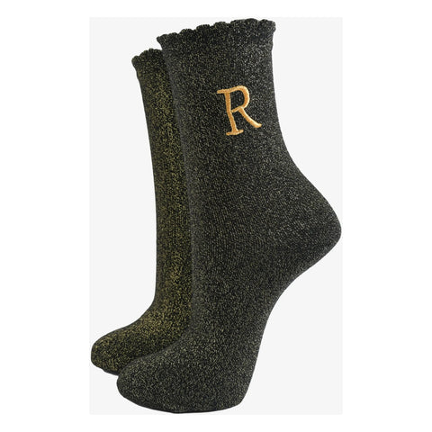Gold Initial Glitter Socks - Various