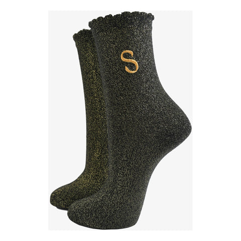 Gold Initial Glitter Socks - Various